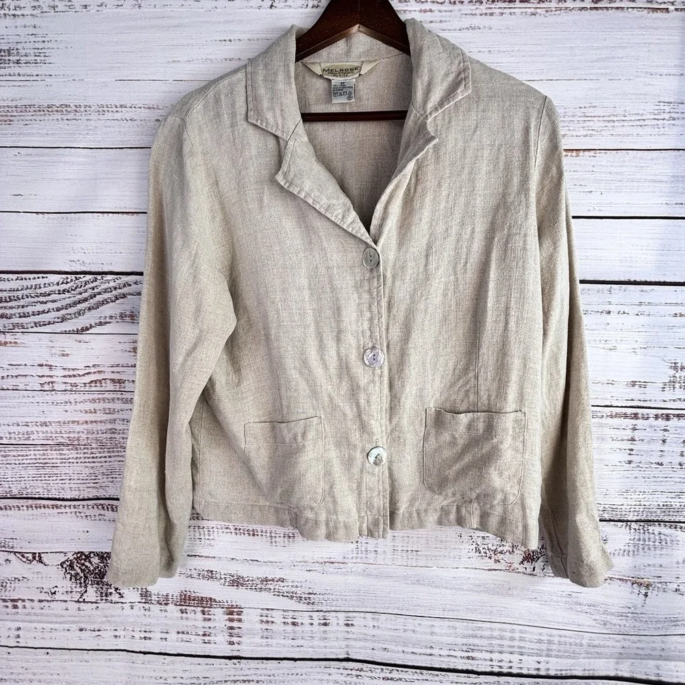 Vintage Jacket 8P Beige 100% Linen Shell Button Cinch Patch Pocket Minimalist